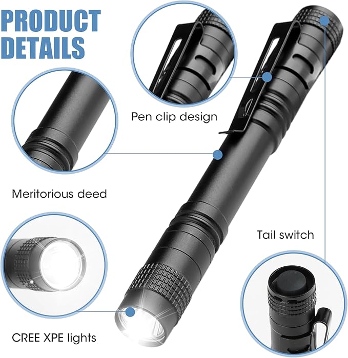 5.1" Mini Pocket Flashlight, Small LED Pen Light with Clip, 500 Lumen Torch White Light Powered by AAA Battery, Portable Versatile for Inspection Medical Repair Camping Outdoor Emergency