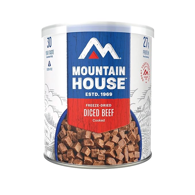 Mountain House Freeze-Dried Protein Pack Sampler ??6 Cans | Diced Chicken, Diced Beef & Ground Beef | 102 Total Servings | Cooked, High-Protein Emergency Food | 30-Year Taste Guarantee | Made in USA