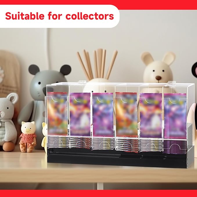 1 Pcs Acrylic Booster Pack Dispenser, Card Dispenser Storage and Organizer, for Trading Card, Booster Packs, Sports & More (Black Base 6 Slots)
