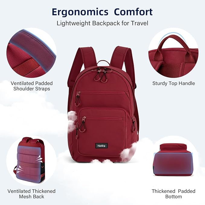 Carry On Travel Backpack For Women, 18 Inch Water Resistant Large Backpack Lightweight Bookbag For Men, 8x14x18 Personal Item Bag Casual Daypack Backpacks For Work Office Commuter (Burgundy)