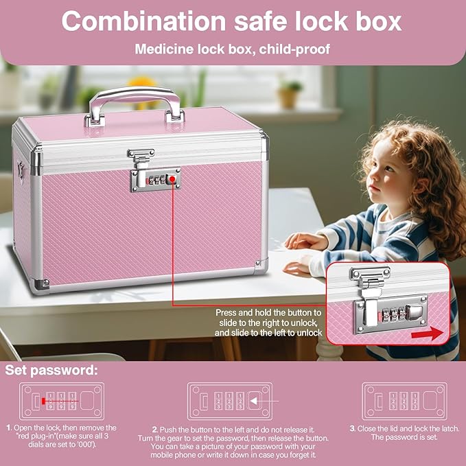 Medicine Lock Box With Combination Lock - 11.2 x 7.6 x 7.6 Inches - First Aid Safe Medication Storage Box, Medications and Personal Items, Safe Boxes for Home and Outdoor - Pink
