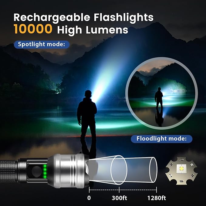 Rechargeable Flashlight 10000 High Lumens, Super Bright Flashlight Compact, Flashlight Rechargeable USB-C Zoomable, 6 Modes Handheld Flashlight Suitable for Home Emergency, Outdoor, Hiking, Camping