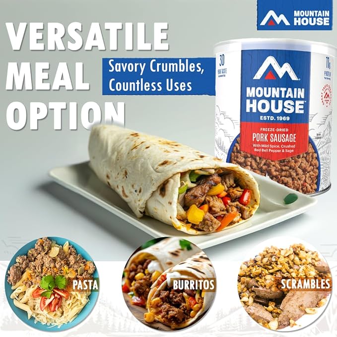 Mountain House Freeze-Dried Pork Sausage #10 Can ??25 Servings per Can ??Fully Cooked, Ready-to-Eat Emergency Canned Food Supply ??High-Protein Canned Meat for Camping, Hiking, Survival,??30-Year Taste Guarantee ??Made in USA ??Pack of 6