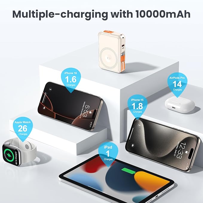 Wireless Portable Charger,5-in-1 Magnetic Power Bank 10000mAh Built in Cables and AC Plug,22.5W Fast Charging Magnetic Battery Pack,Compatible with iPhone 16/15/14/13/12,Apple Watch Series,Airpods