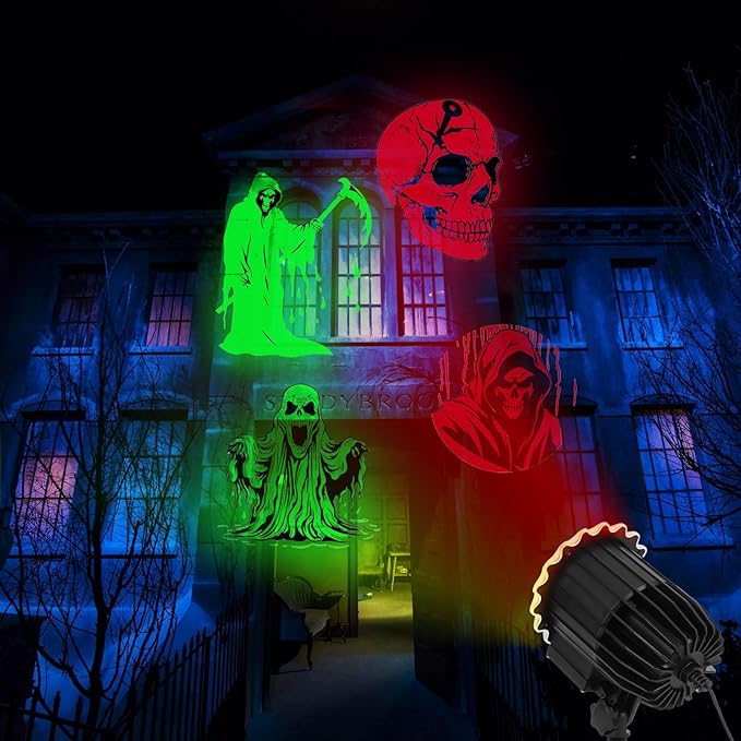 Halloween Projector Light, 3D Dynamic Skull Ghost Projector Decorations Lights, Waterproof Light for Halloween Party Yard Decor, Home Window Wall Decor (Plug in and Use Directly)