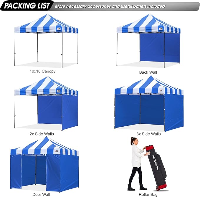 ABCCANOPY Heavy Duty Easy Pop up Canopy Tent with Sidewalls 10x10,Strip RoyalBlue