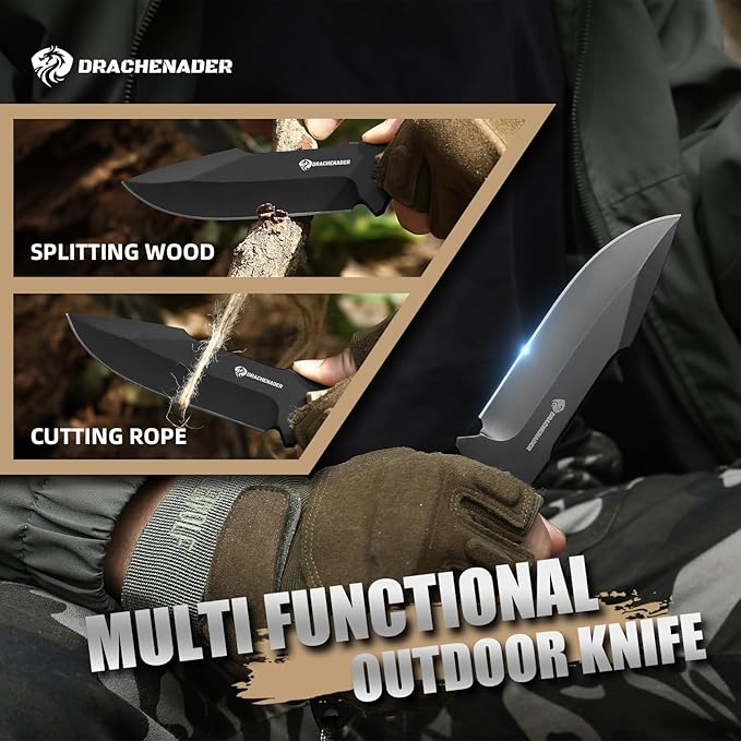 Fixed Blade Knife with Sheath, 5.04" Blade in 5cr14mov Steel, Tactical for Men, Survival Knife with ABS Handle,Full Tang Design Khaki-Black