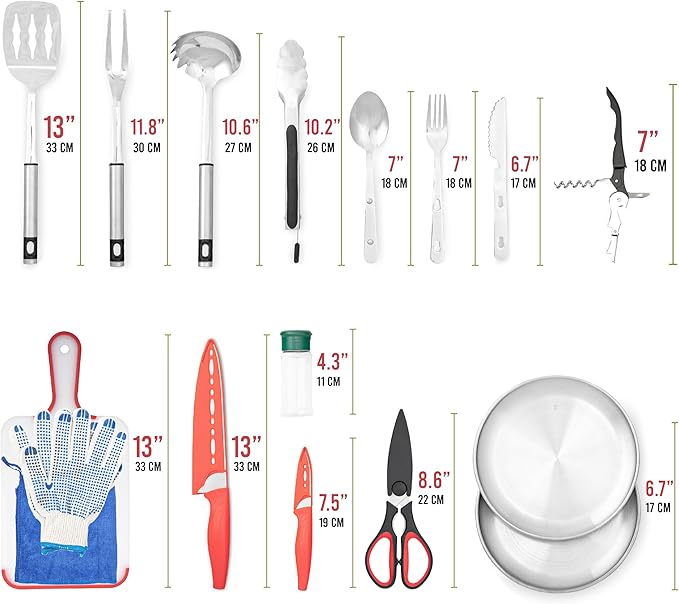 Camping Utensils Set, 21pcs Camp Cooking Kit with BBQ Tools, Knife Set & Spice Kit ??Heat-Resistant Cutting Board, Dishwasher-Safe Cutlery for Outdoor, Hiking, Backpacking