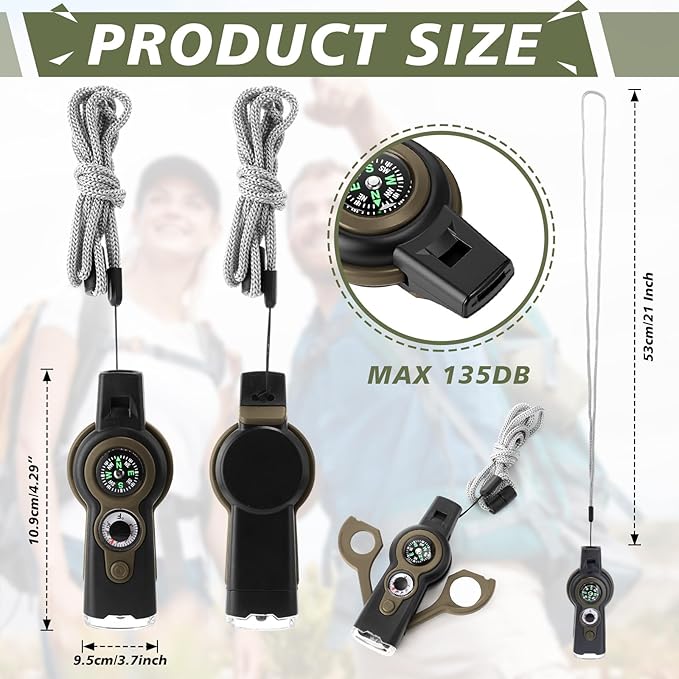 12 Pack Emergency Survival Function Whistle 7-in-1 Compass Hiking Survival Safety Whistle with Lanyard Outdoor Multifunctional Tool Ideal for Hiking Camping Rescue Signaling