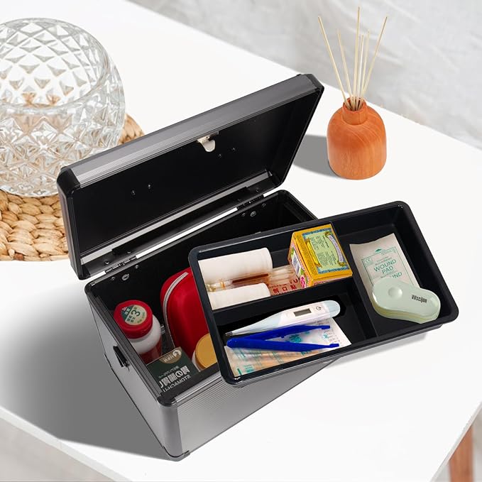 Medicine Lock Box with Key, Alluminum Alloy Box for Medication,First Aid Box with a Removeable Tray to Store Medicines & Pills for Home, Black 12 * 7.68 * 7.87 Inch