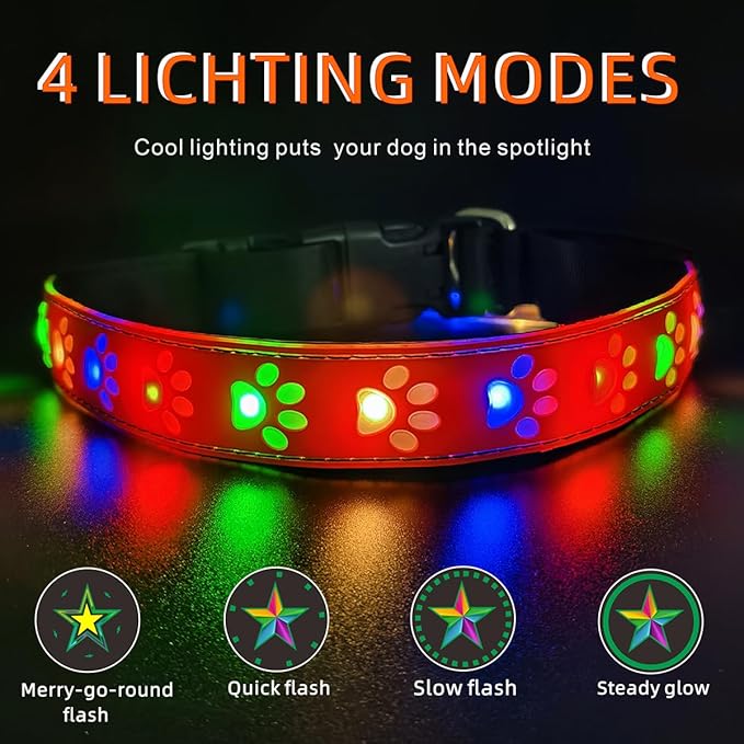 LED Light Up Dog Collar, USB-C Rechargeable, Multicolor Paw Print Design, 15 Modes Lighting Night Safety (RED Pro, S(7.87-11.8"))