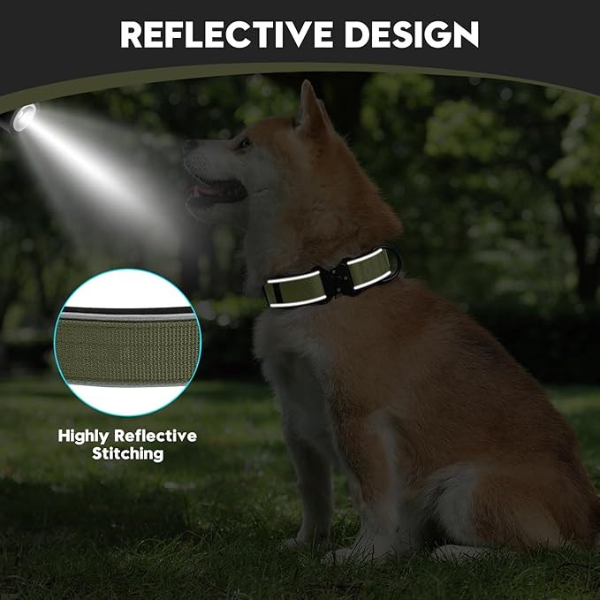 Dog Collar for Small Medium Large Dogs, Reflective, Adjustable Heavy Duty Dog Collar, Soft Neoprene Padded Comfortable for Walking (Ranger Green, M)