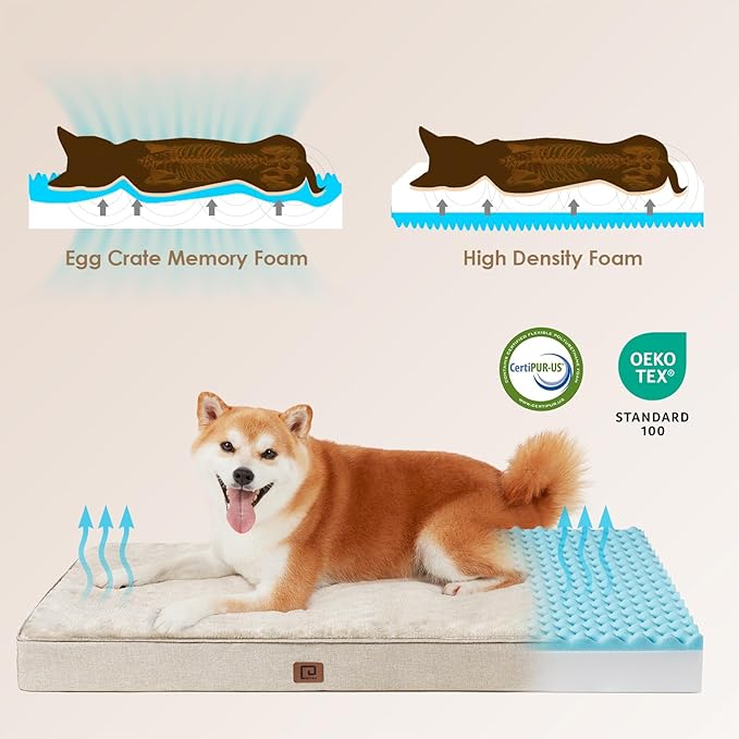 EHEYCIGA Waterproof Dog Bed Memory Foam 35x23, Orthopedic Dog Beds Mat for Large Dogs with Removable Cover, Beige