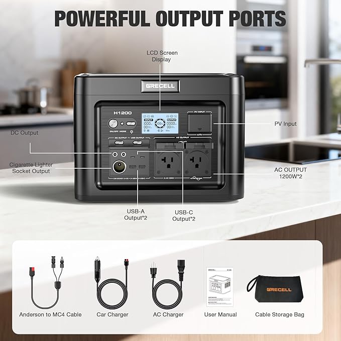 GRECELL H1200 Portable Power Station 1200W, 672Wh LiFePO4 Battery Solar Generator with 10ms UPS, 1200W Solar Power Station, 9 Output Ports for Home Emergency, Outdoor Camping, RV Travel, Laptop TV
