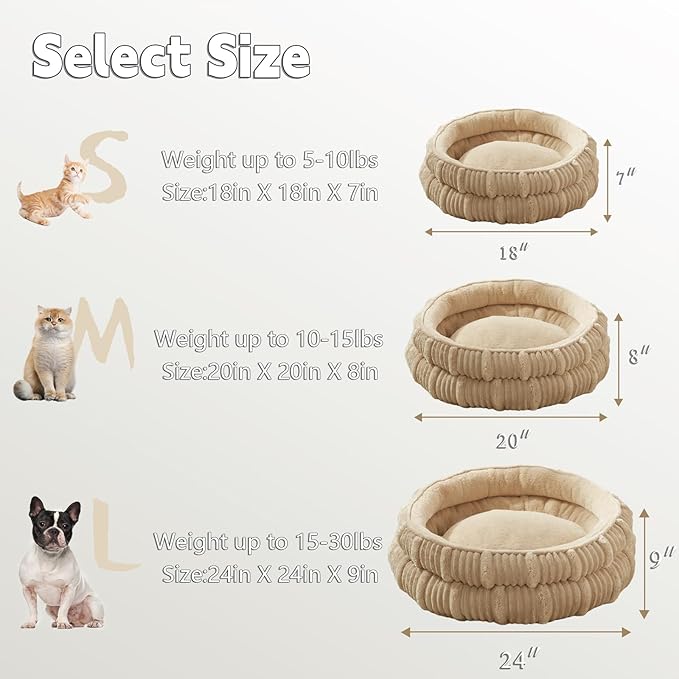 Dog Beds for Small Dogs, Puppy Kennel Bed - Round Cat Beds for Indoor Cats,Comfy Durable Pet Sleeping Bed, Washable Deluxe Plush Kitten Bed & Non-Slip Bottom, Beige 24" L x 24" W x 9" Th