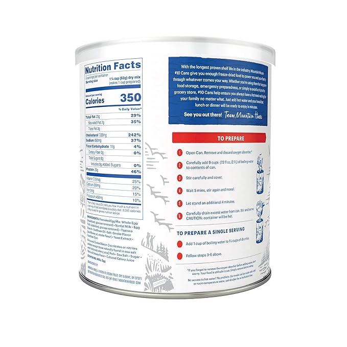 Mountain House Freeze Dried Scrambled Eggs with Uncured Bacon #10 Can ??9 Servings per Can ??Gluten-Free ??30-Year Shelf Life ??Emergency, Survival, Camping, Hunting & Backpacking Canned Food ??Pack of 6