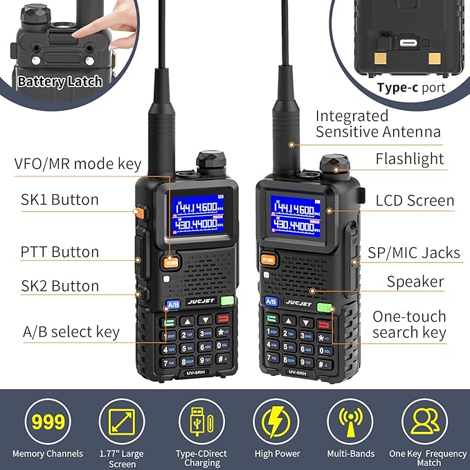 5RH Ham Long Range Radio 10W Radio (Upgraded of UV-5R), 999CH One Key Frequency Match, 2500mAh Battery Rechargeable Walkie Talkies, with Programming Cable, Earpiece, Type-C Charging(2 Pack)