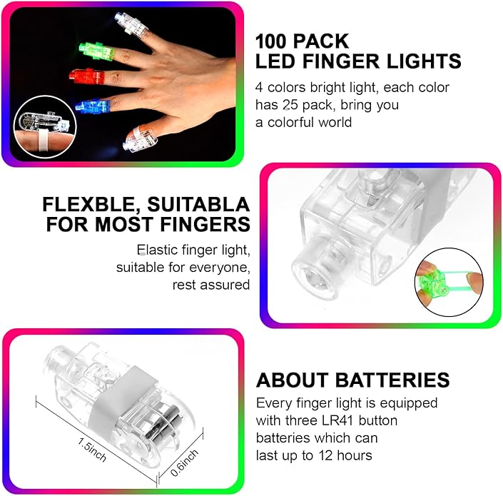 100 Pack LED Finger Lights, Flashing Light Up Rings Bulk Party Favors | Glow in The Dark Party Supplies for Kids and Adults