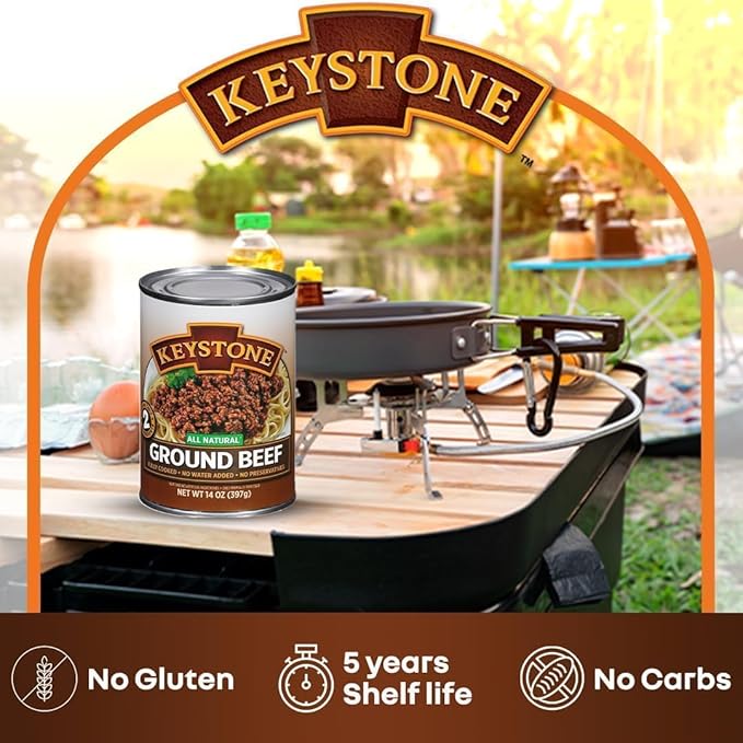 Keystone Meats All Natural Heat and Serve Ground Beef 14 oz – Fully Cooked Canned Meat – Ready to Eat – 5-Year Shelf Life – Pantry Staple for Everyday Meals, Emergency Survival Canned Food – Made in USA – Pack of 24