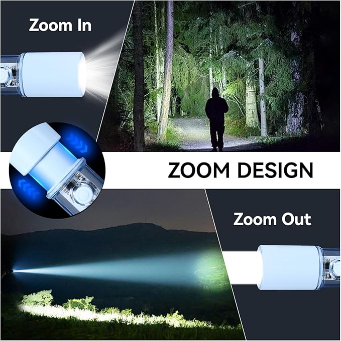 VAVOFO Blue LED Tactical Flashlight - USB-C Rechargeable, High Lumen, Fire-Resistant EDC Flashlight with Zoom Focus, 3 Modes, Red/Blue Strobe - Ideal for Camping, Hiking, Emergency Use