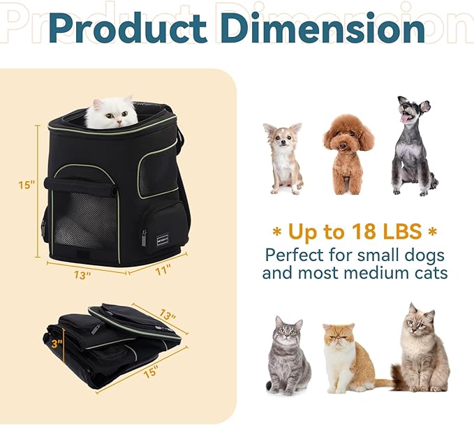 PETSFIT Dog Backpack Carrier with Upgraded Waist Protection Design, Cat Backpacks for Carrying Cats/Dogs/Puppies Up to 22 Pounds. Designed for Hiking Camping Traveling,Black