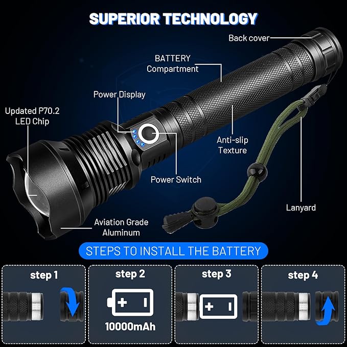 Cinlinso Flashlights High Lumens Rechargeable, 99,000 Lumens Super Bright Led Flashlight, Flash Light with 7 Modes, IPX6 Waterproof, Handheld Powerful Flashlight for Camping, Emergencies (Black)