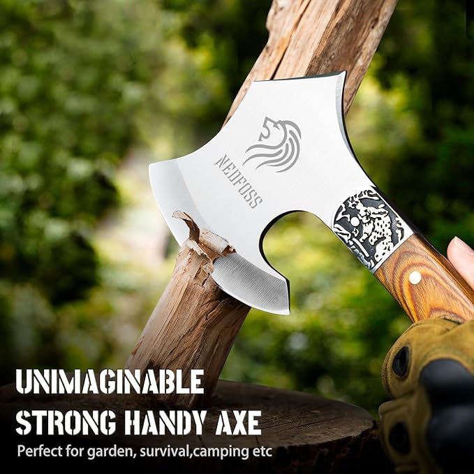 NedFoss Warthog Camping Axe, 9" Full Tang Small Axe with Leather Sheath, Survival Hatchet with Wood Handle, Tomahawk for Outdoor Backpacking, Bushcraft, Hiking