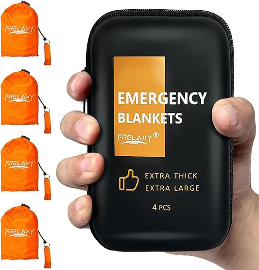 Frelaxy Emergency Blanket 2-Pack/4-Pack, Extra-Thick Extra-Large Space Blankets with Whistles, Storage Pouchs, and EVA case