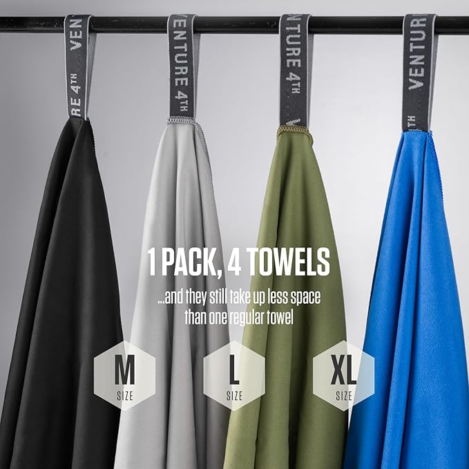 VENTURE 4TH - 4pcs Quick Dry Towels. Microfiber Travel Towels Ideal for Camping, Hiking, Backpacking, Gym. Lightweight & Fast Drying Travel Towels for Body. Compact & Easy to Pack - 4 Pack Large