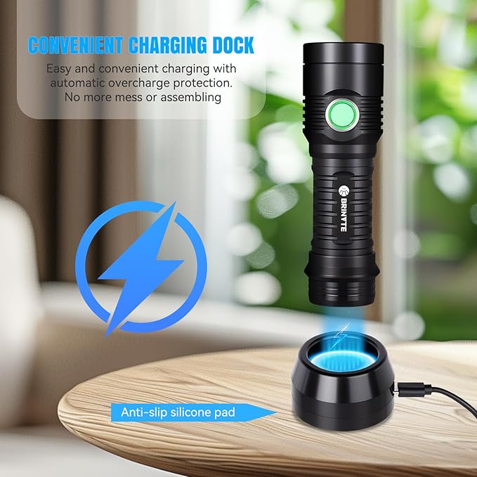 Brinyte WT01 2700 Lumens Ultra-Bright Rechargeable Flashlight with Charging Dock, High Lumens LED Power Outage Flash Light Handheld Light for Homeuse, Outdoor, Searching, Camping and Emergency