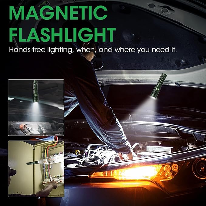 Rechargeable Flashlight High Lumens, High Lumens Super Bright Magnetic Flash Light, Long-Range Zoomable LED Flashlights for Emergency, Waterproof Flashlight Dimmable, Green,1PC