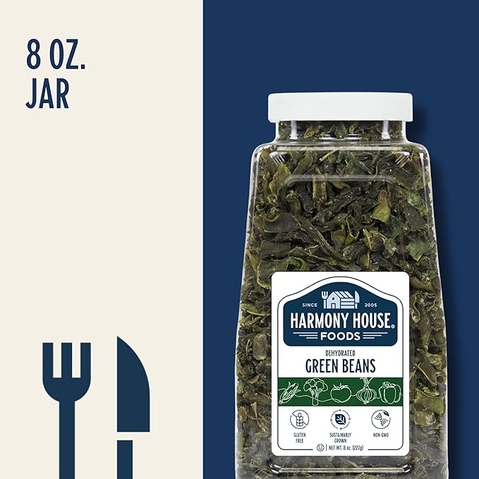 Harmony House Foods Dried Green Beans, cut (8 oz, Quart Size Jar) for Cooking, Camping, Emergency Supply, and More