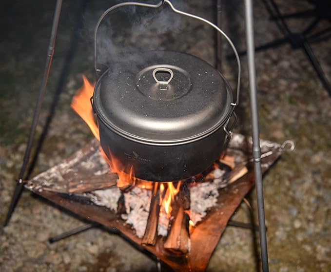 Boundless Voyage Titanium 4.5L Hanging Pot with Steaming Rack Folding Handle Outdoor Camping Cooking Stockpot Steamer Set