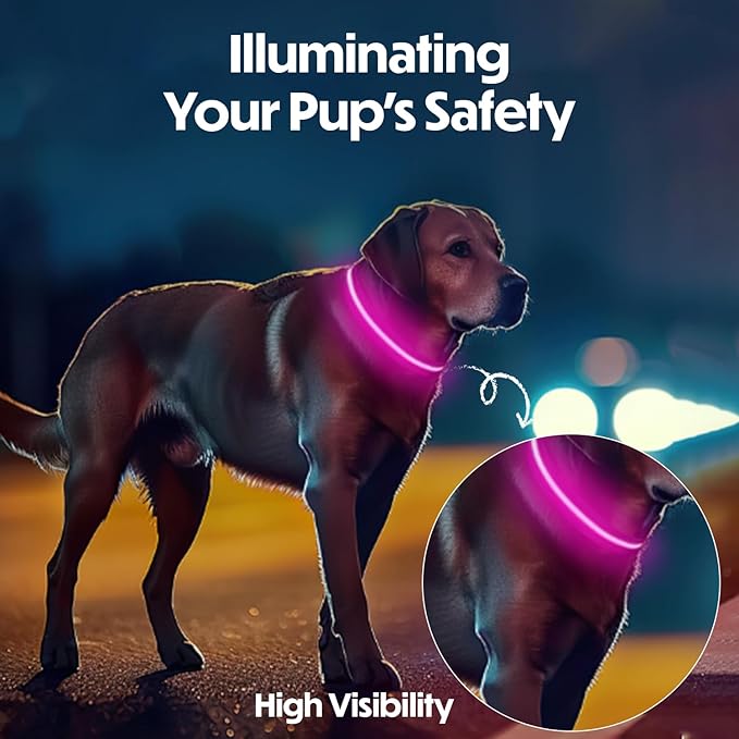 Light Up Dog Collar – Reflective, Adjustable & Rechargeable Electronic Glow Pet Collars – Bright, Comfortable, High Visibility LED Dog Collar for Night Safety, Outdoor Walk & Flashing Fun, Pink, Large