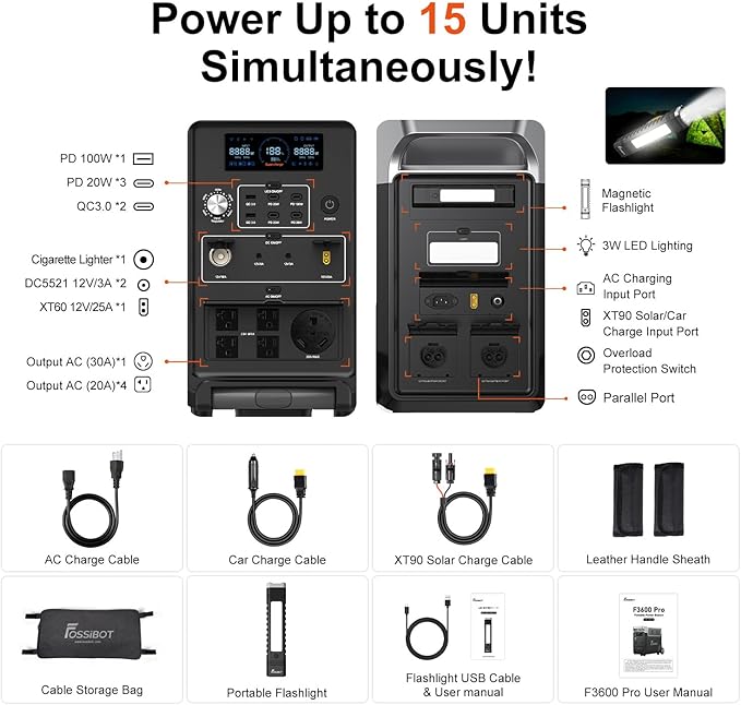 FOSSiBOT 3600 PRO Portable Power Station, 3 x 230 V AC Output 3600 W/3840Wh LiFePO4 Battery Electric Solar Generator for Garage, Home, Off-Grid Living, Camping, RVs, Outdoor Adventures, Power Outages