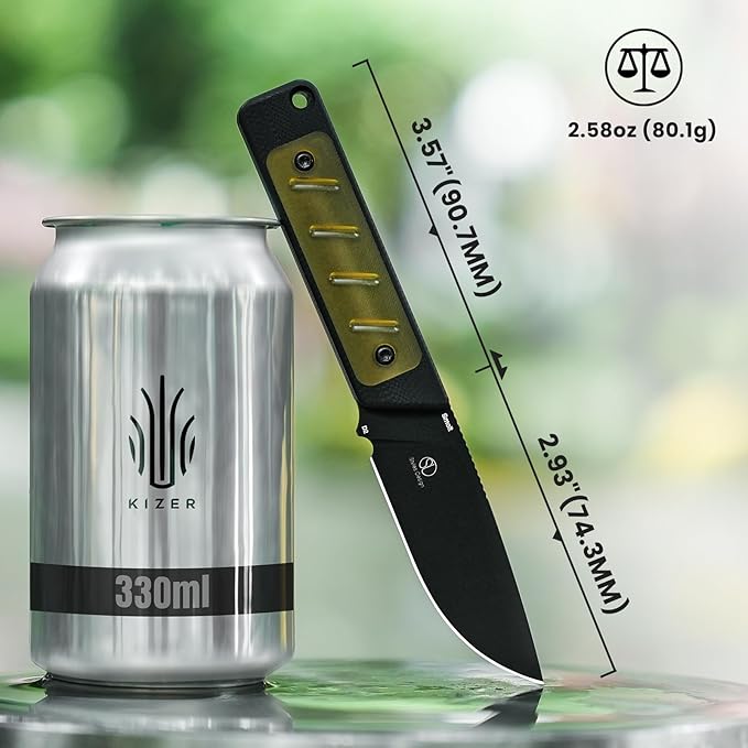 Kizer Smolt Fixed Blade Knife, 2.93 In D2 Steel Pocket Knife Drop Point Camping Fixed-blade Knives with Sheath, G10&PEI Handle Small EDC Fixed Knife for Men Women Outdoor Indoor 1063A4