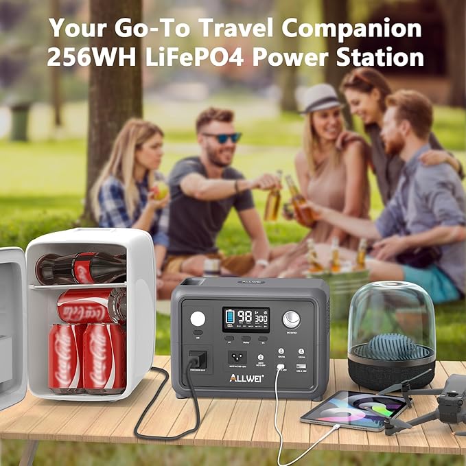 Portable Power Station 300W (Peak 600W), ALLWEI 256Wh Solar Generator with 60W USB-C PD Output, 110V Pure Sine Wave AC Outlet Backup LiFePO4 Battery for Outdoors Camping Travel Home Blackout