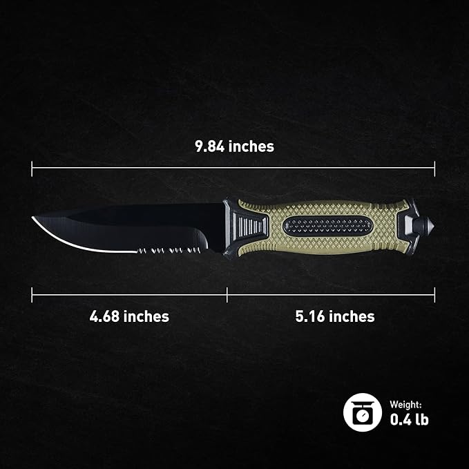 10" Fixed Blade Tactical Knives with Sheath and Clip, Stainless Steel Survival Hunting Bushcraft Full Tang Non-Slip Handle Knife for Camping, Hunting, Adventure, Outdoors, EDC,Military Green