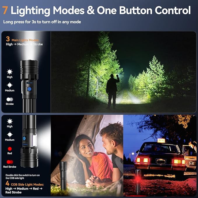 Flashlight Rechargeable 2000 High Lumens IPX6 Waterproof Super Bright Flashlight with 7 Modes & COB Side Light, Zoomable Brightest Flash Light for Camping Home Emergency