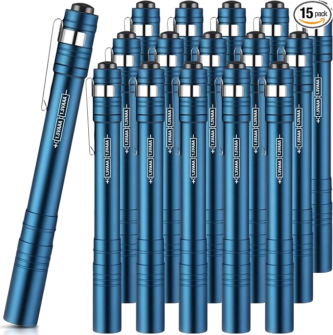 15 Pack Mini Pen Flashlights Bulk LED Pen Lights Aluminum Pocket Flashlights with Clips Small Handheld Torches Gifts for Camping Hiking Emergency Outdoor (Blue)