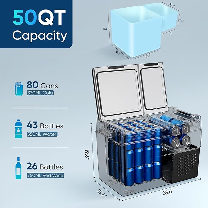 12 Volt Refrigerator Car Fridge - 50QT(48L) Dual Zone Electric Cooler, Car Refrigerator -4℉~68℉, Portable Refrigerator 12/24V DC 100-240V AC, Portable Freezer for Travel Camping RV Home