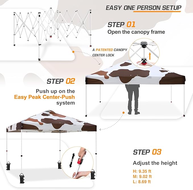 EAGLE PEAK Pop Up Canopy Tent with Wheeled Carry Bag, 8 Stakes, 4 Ropes, 4 Weight Bags, Easy Set Up Tent Canopy, 10x10 ft, 100sqft of Shade, Brown Cow Print