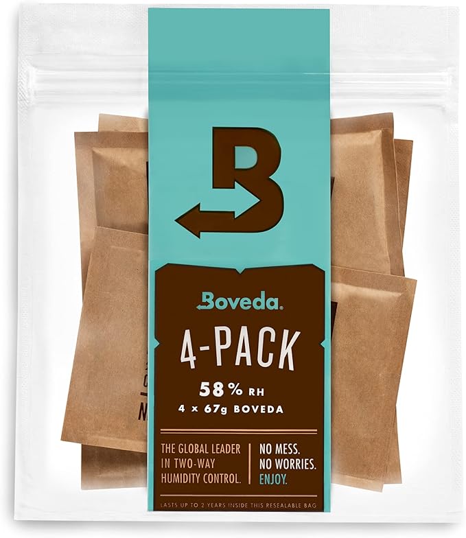 Boveda 58% Two-Way Humidity Control Packs For Storing 1 lb – Size 67 – 4 Pack – Moisture Absorbers for Storage Containers – Humidifier Packs – Hydration Packets in Resealable Bag