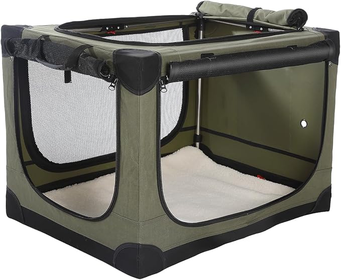 30-Inch Collapsible Travel Dog Crate, Portable 4-Door Soft Kennel for Medium to Large Dogs, Durable Mesh Windows, Indoor/Outdoor Use, Foldable, with Storage Bag (Green)