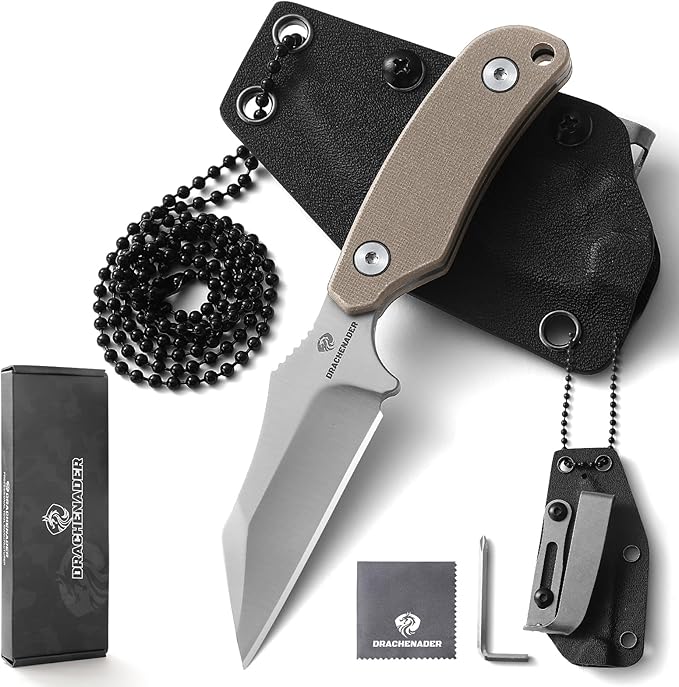 X-WH EDC Horizontal Carry Neck Knife wtih Clip Fixed Blade Knife with Kydex Sheath, D2 Steel Blade Full Tang small Wharncliffe Knife G10 Handle, (Khaki)