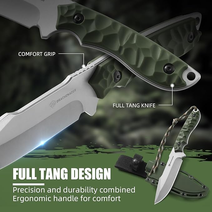 Tactical Knife Fixed Blade (B-ER-DROP POINT), 5.04" 5Cr14MoV Steel Blade Bushcraft knife with ABS handle, Full Tang Survival Knife, Gifts for men, (Green)