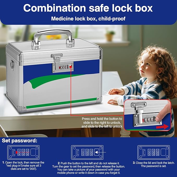 Medicine Lock Box with Combination Lock - 11.2 x 7.6 x 7.6 Inches - First Aid Safe Medication Storage Box, Medications and Personal Items, Safe Boxes for Home and Outdoor - Silver