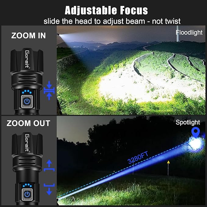 Goreit Flashlight High Lumens Rechargeable, 2000 Lumen Led Flashlights XHP70.2 USB Super Bright Flash Light Battery Powered, Powerful Handheld Flashlights for Emergencies Camping, IP67 Waterproof