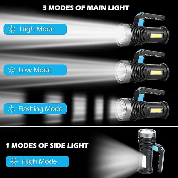 LED Flashlight High Lumens USB Rechargeable Flashlight for Camping, Hiking, Walking, Powerful Emergency Flashlight with 4 Modes for Outdoor Use, Bright Flashlight with Sidelight Lantern