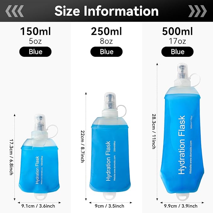 150ml Soft Flask, Soft Water Bottle for Hydration Packs, Running, Hiking, Cycling and Climbing - 2Pcs Blue